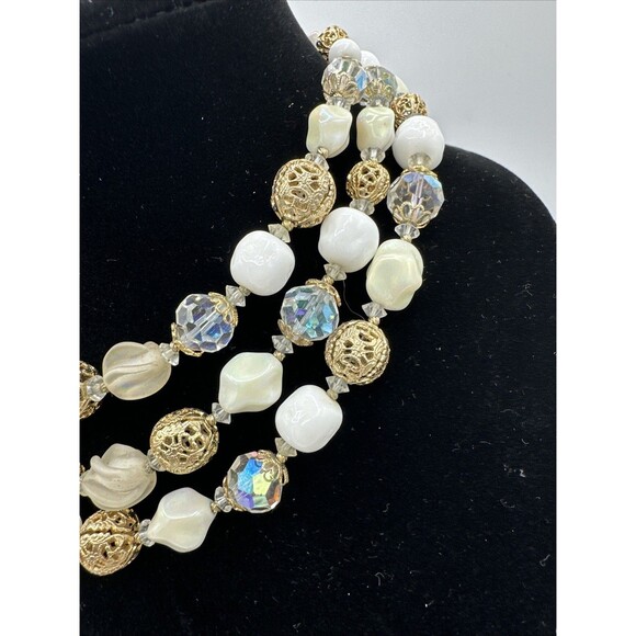 Vendome Coro Necklace Vintage Three 3 Strands Gold Cage Milk Glass Beads - Picture 2 of 12